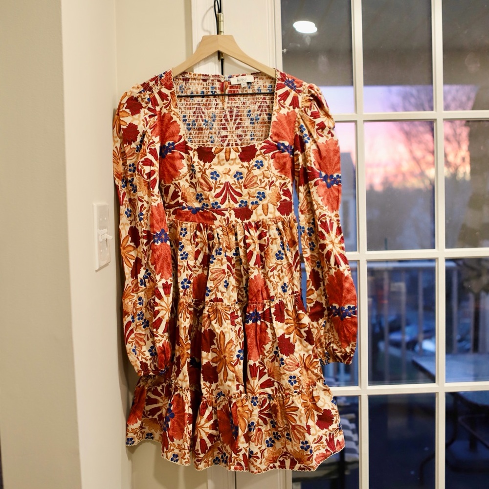 Floral Tiered Long-Sleeve Mini Dress in Rust & Cream
